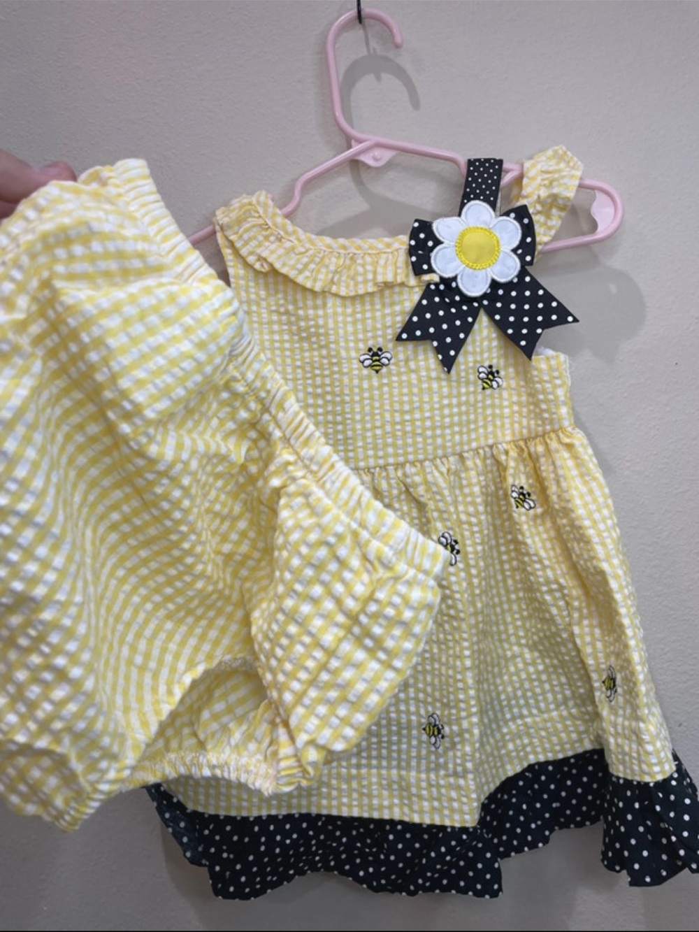 Girls Yellow Gingham Bee Dress with Navy Polka Dot Trim